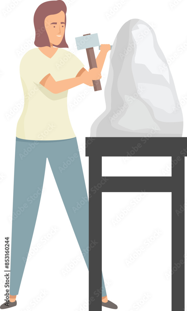 Poster sculptor is working on a sculpture in her workshop, using a hammer and chisel