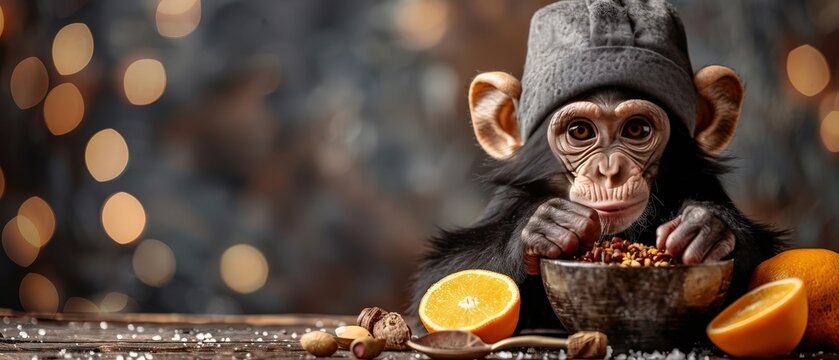 monkey chef in hat, surrounded by kitchen utensils, preparing a meal