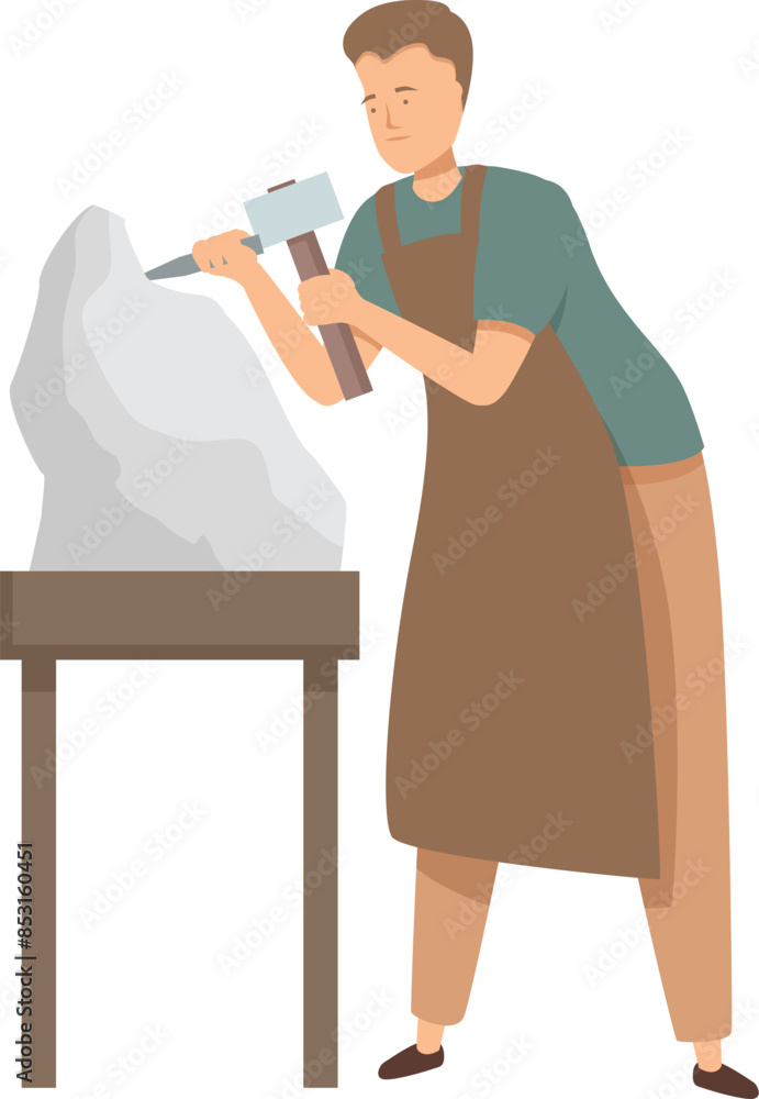 Poster sculptor wearing an apron is carving a stone sculpture using a hammer and chisel