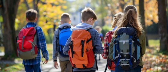 Obraz premium Group of school students with backpacks on the street going to school. Generative ai