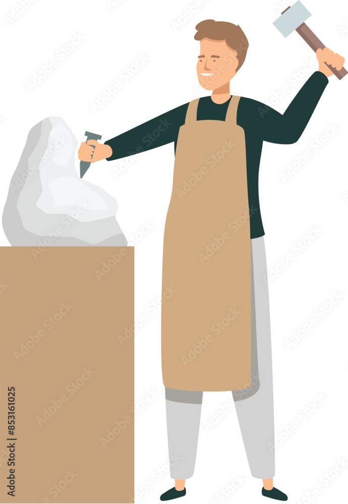 Poster sculptor chiseling stone block with hammer and chisel creating sculpture