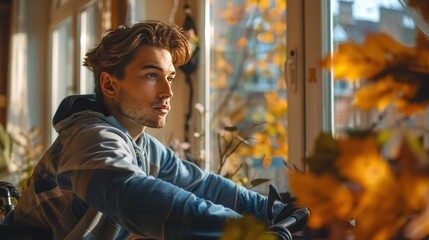 Obraz premium Man Riding Bicycle in Front of Window