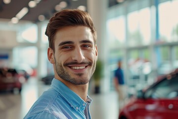 Obraz premium Male client customer choosing a new car in car showroom and making selfie