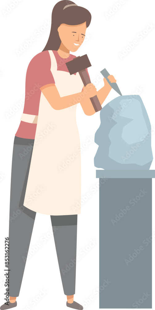 Poster sculptor is using a hammer and chisel to shape a block of stone into a sculpture