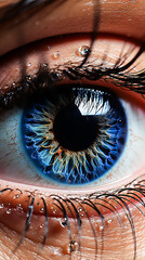 A close up of a person's eye with a blue iris and a yellowish tint.