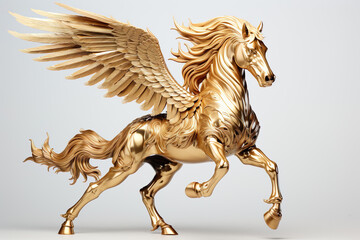 A metallic golden pegasus statue isolated on clear white background