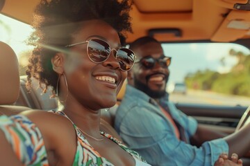 Joyful african american family on a summer road trip, enjoying the journey together in their car