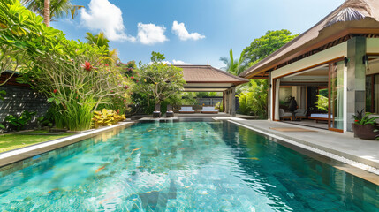 Luxury villa with bedroom open view on swimming pool in Bali
