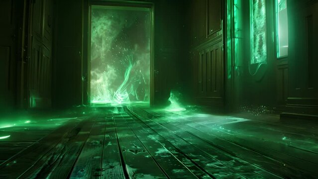 A pulsing green light that glows from the cracks in the floorboards rumored to be the spot where a powerful magical artifact was once kept hidden.
