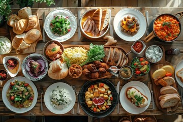 Wooden table full of food plates, top view