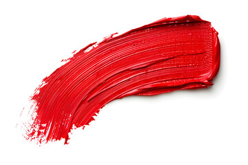 Cosmetic lipstick abstract stroke isolated on white background. Swatch, sampler of lipstic, tint or blusher. Cream makeup texture. Bright red color cosmetic product brush stroke swipe sample