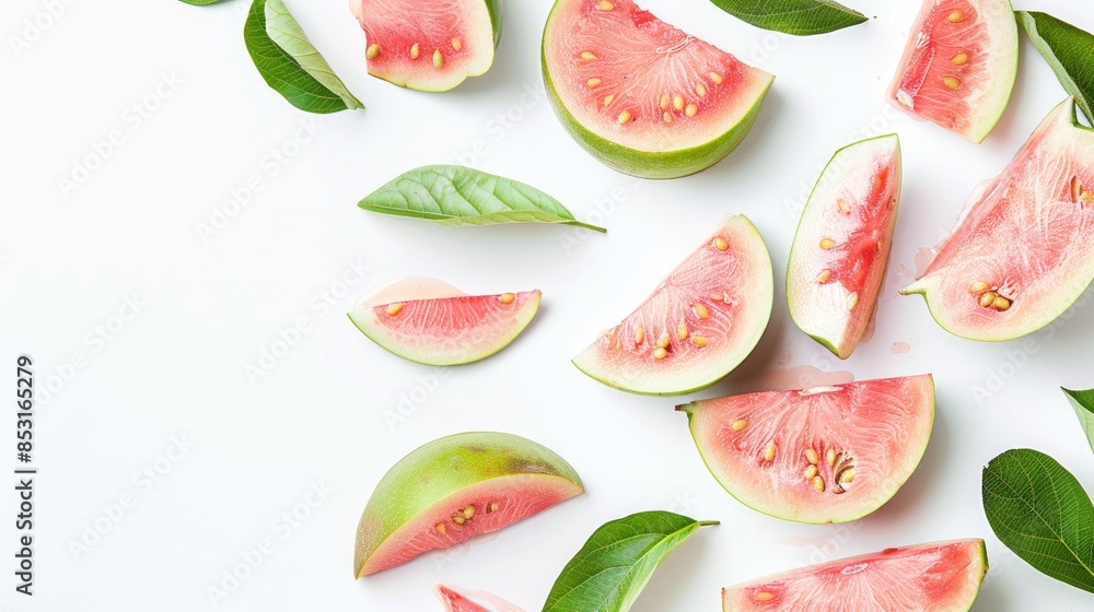 Poster isolated white background with space for text for pink guava slices