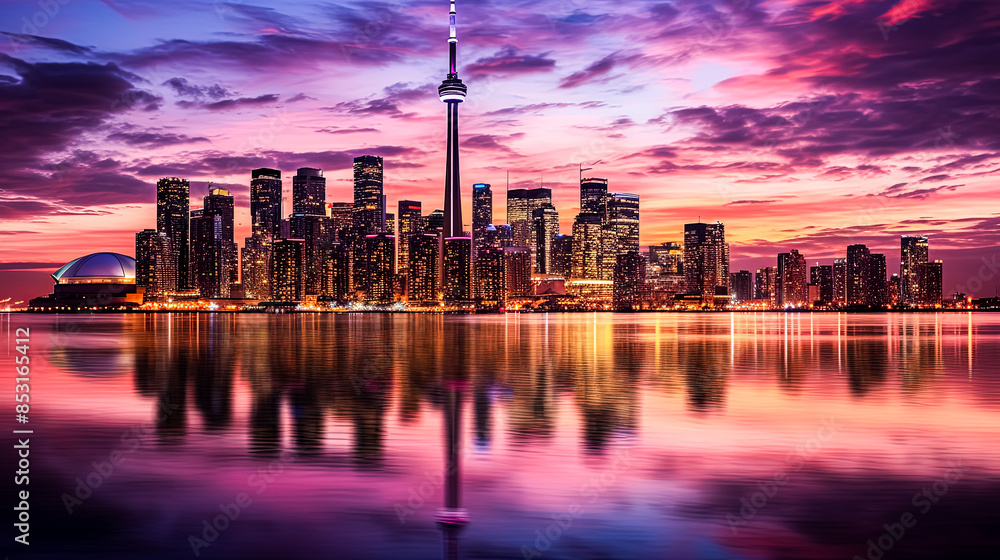 Poster a city skyline with a large building in the middle and a large tower in the background.