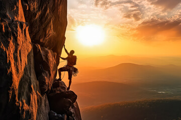 A man is climbing a rock face with the sun shining on him. The mountains in the background are covered in trees