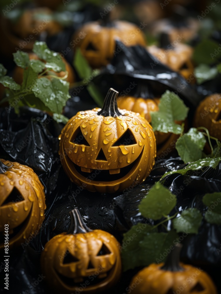 Poster halloween jack-o-lanterns in black trash bags