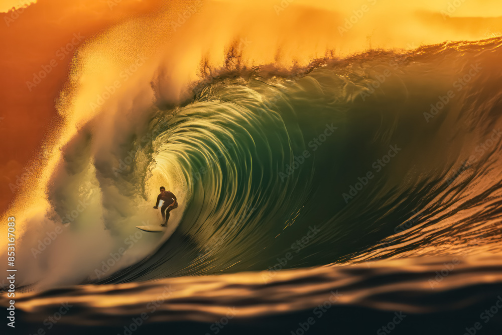 Poster a surfer is riding a wave in the ocean. the sun is setting in the background, casting a warm glow on
