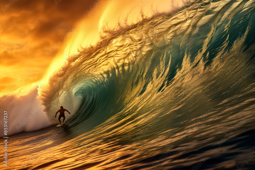 Poster a surfer is riding a wave in the ocean. the sun is setting in the background, casting a warm glow on