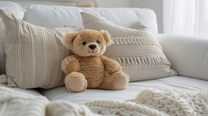 Brown Bear Sitting on White Couch