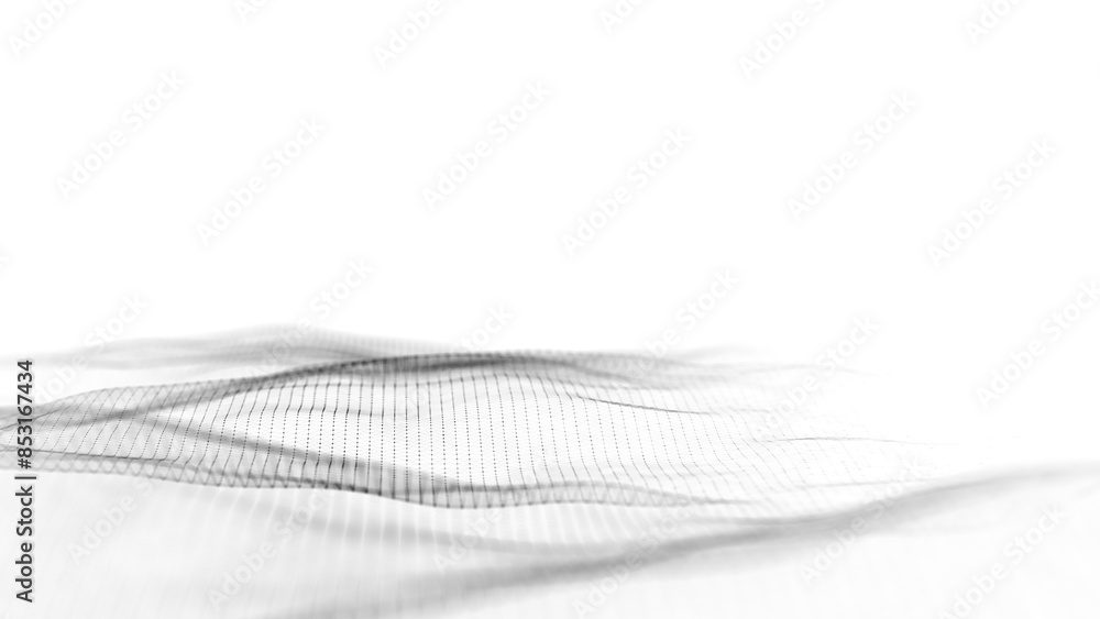 Poster abstract white wave with moving dots. flow of particles. cyber technology illustration. 3d rendering