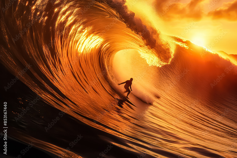 Poster a surfer is riding a wave in the ocean. the sun is setting in the background, casting a warm glow on