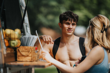 Sports couple purchasing drinks to refresh after a workout session. They enjoy a moment of relaxation and conversation in an outdoor setting.