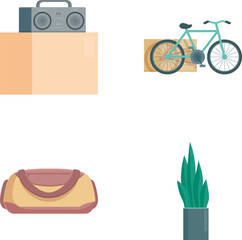 Vector icons of a boombox, bicycle, duffle bag, and potted plant