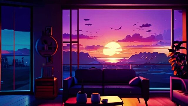 Animated virtual backgrounds, stream overlay loop, interior, cozy futuristic living room at sunset, vtuber asset twitch zoom OBS screen, chill anime lo-fi hip, Cyan purple colours manga style