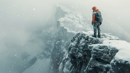 Obraz premium Silhouette of a Person Standing on a Clifftop During a Sunset Over the Clouds