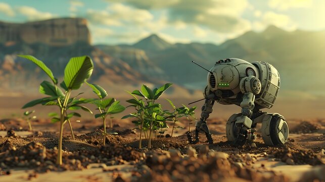 A miniature robot with wheels in the desert checks the survival of seedlings