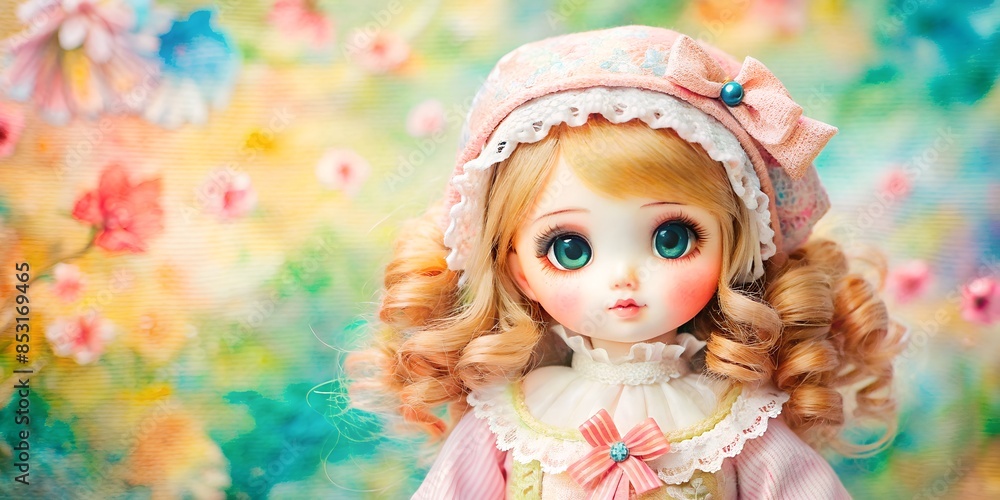 Wall mural Little cute doll on flower background, , cute wallpaper, girl wallpaper, textile, wallpaper, 5D, little cute doll