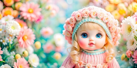 Fototapeta premium Little cute doll on flower background, , cute wallpaper, girl wallpaper, textile, wallpaper, 5D, little cute doll