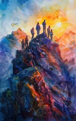 Fototapeta premium Inspirational, magical watercolor painting, group of individuals standing on a mountain peak at sunrise