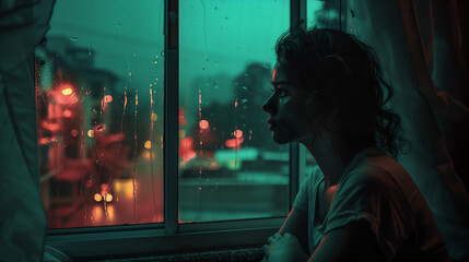 Obraz premium Cinematic shot of a worried woman looking out the window at night