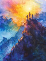 Obraz premium Inspirational, magical watercolor painting, group of individuals standing on a mountain peak at sunrise