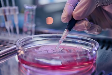 Close-up of pipette in a petri dish with stem cells