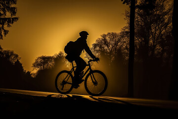 Fototapeta premium A man is riding a bicycle in the evening. The image has a moody and dramatic feel to it, with the silhouette of the man and the bike against the orange sky. The orange sky adds a sense of warmth