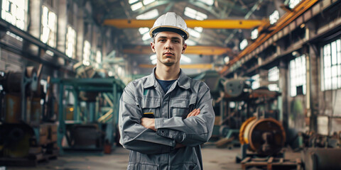 Banner with confident worker in a grey uniform and white hard hat stands with arms crossed in a spacious industrial factory. The background features machinery and equipment