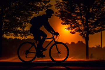 Obraz premium A man is riding a bicycle in the evening. The image has a moody and dramatic feel to it, with the silhouette of the man and the bike against the orange sky. The orange sky adds a sense of warmth