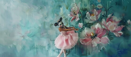 A cute miss mouse ballerina in a pink tutu dress is standing, against an old wall with painted...