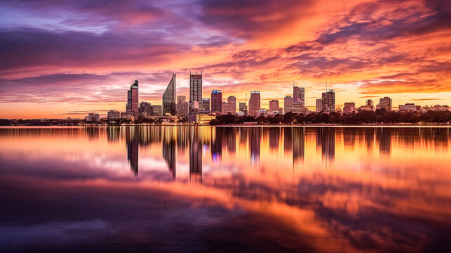 A city skyline is reflected in the water at sunset.