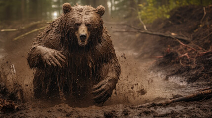 Fototapeta premium Running brown bear in mud wild nature background.