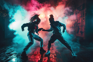 Two dancers perform a dynamic hip-hop routine on a stage with dramatic lighting and smoke effects....