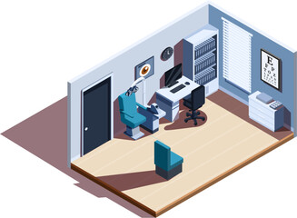 isometric ophthalmologist office with equipment and furniture, vector illustration