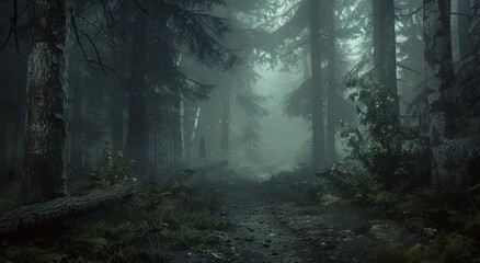 Fototapeta premium A Misty Forest Path on a Gloomy Day