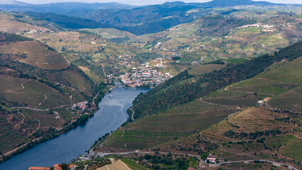 Fototapeta premium View of the terraced vineyards in the Douro Valley and river near the village of Pinhao, Portugal. Concept for travel in Portugal and most beautiful places in Portugal