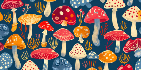A vibrant and whimsical illustration of various colorful mushrooms. The design features a mix of purple, red, and orange fungi with delicate foliage, creating a playful and artistic pattern