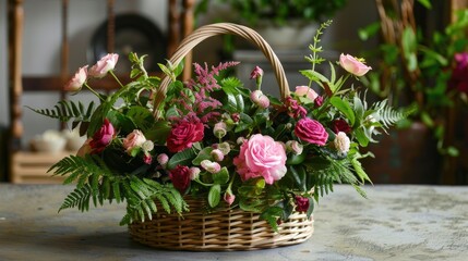 Most exquisite plant arrangement in a basket featuring lovely flowers and foliage