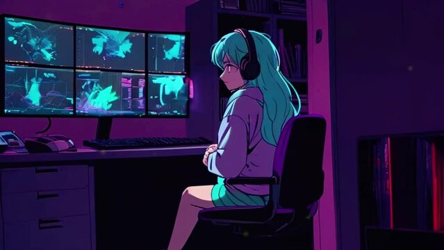 Lofi anime girl sitting on a gaming chair staring at the computer screen in her room. seamless looping 4k time-lapse animation video background, Cyan purple colours manga style