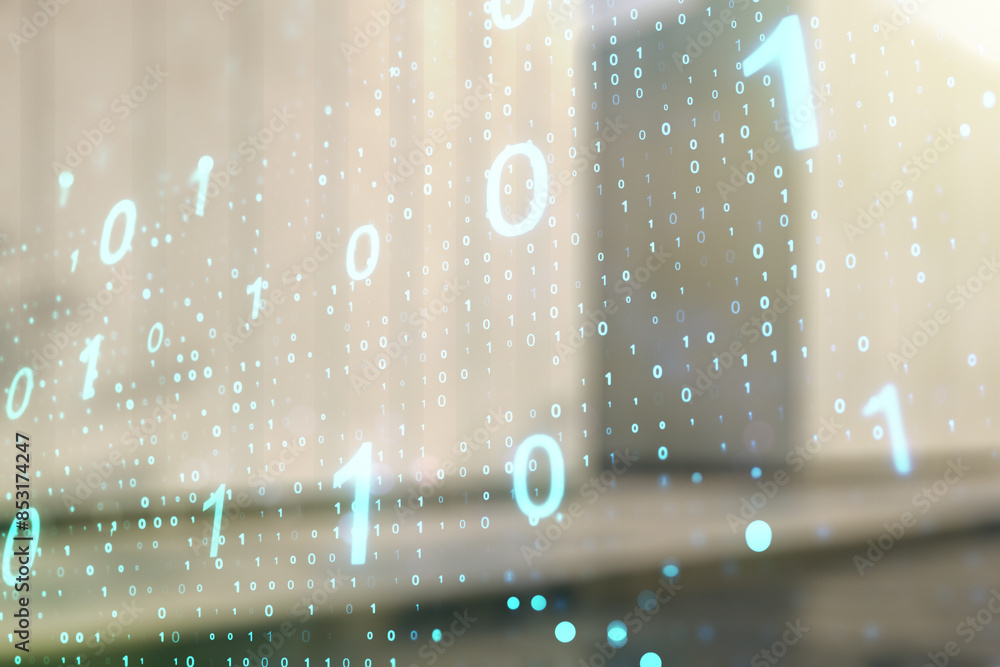 Aufkleber Abstract virtual binary code sketch on contemporary business center exterior background, hacking and matrix concept. Multiexposure