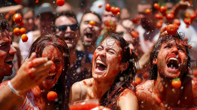 Girls and guys laughing and having fun at the La Tomatina festival. Battle of the tomatoes in Bu&ntilde;ol, Spain. Generated AI